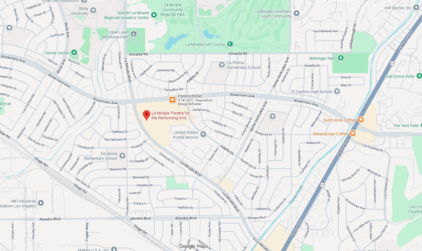 Google Maps image of La Mirada Theatre and surrounding area.